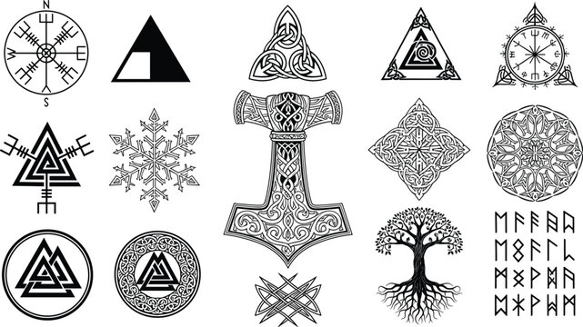 Norse Viking Symbols Set Valknut Mjolnir Vegvisir Runes Celtic Knot Tree of Life Scandinavian Mythology Black Vector Illustration Collection