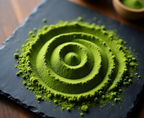 Matcha Powder Spiral Pattern on Slate Tray