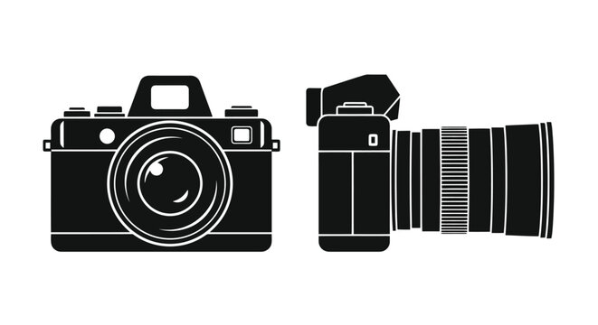 Modern Digital Camera Front and Side View Silhouette.