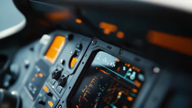 Aircraft cockpit with illuminated digital avionics display and control panel, showing navigation data, instruments and buttons that highlight modern flight systems and pilot environment