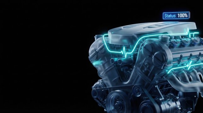 Automotive Engine: A technological marvel, a meticulously rendered engine hums with unseen power, illuminated by futuristic digital lines that visualize its life force.