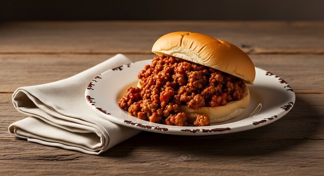 Sloppy joe sandwich ingredients layout celebrating National Sloppy Joe Day, fresh bun vegetables and saucy ground beef preparation cooking scene