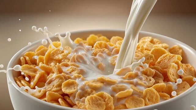 Milk pouring into bowl of cornflakes cereal, close up breakfast scene with fresh dairy and crunchy flakes