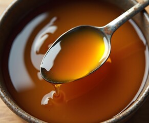 Raw Honey Swirl on Rustic Spoon and Ceramic Tray