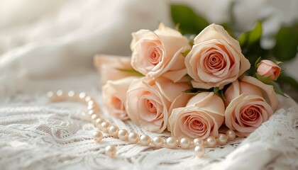 Obraz premium A beautiful bouquet of pink roses with pearls on a white lace tablecloth