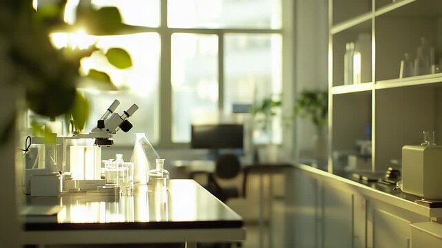 Empty science laboratory with a microscope, beakers, and flasks on a counter, bathed in warm sunlight, creating a contemplative atmosphere of discovery and innovation
