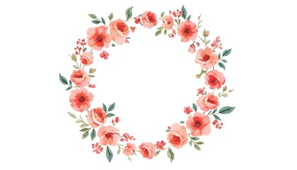 A beautiful floral wreath made of pink roses and green leaves on a white background