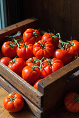 Fresh red tomatoes with green stems and water droplets in old wooden crate. Organic farm produce for healthy eating.