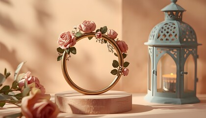 Fototapeta premium A beautiful gold ring adorned with pink roses and green leaves sits on a wooden pedestal next to a blue lantern and flowers