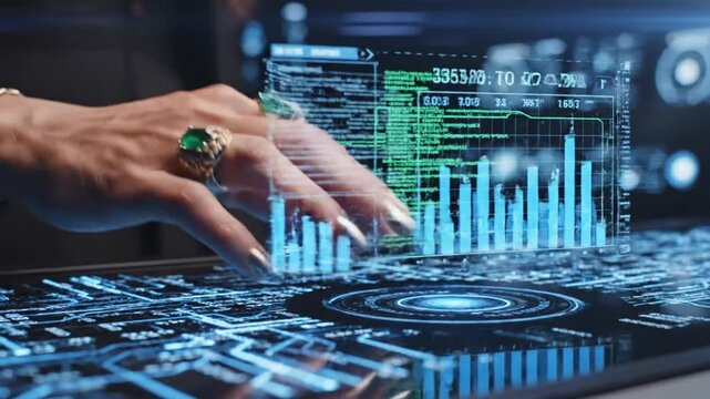 Woman's hand with emerald rings touching futuristic holographic interface