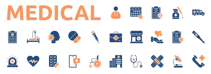 Medical icon two color style with doctor, schedule, medical report, vaccine, ambulance, medical bag, pharmacy, healthcare icons