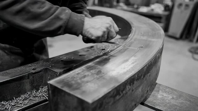 Medium shot capturing the curved steel blank being carefully bent and shaped by an expert using specialized tools.
