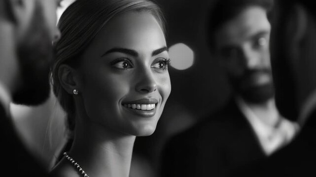 Smiling woman with elegant dress and accessories attending social event, posing for a videograph.