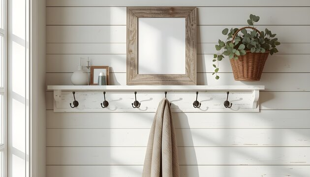 A stylish and modern entryway with a white coat rack and shelf, featuring a mirror, plant, and decorative items on a shiplap wall.