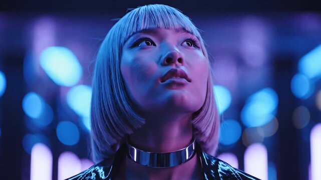 Young woman with short blonde hair and metallic choker looks up in neon city lights