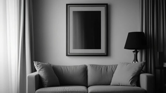 A contemporary living room scene with a modern couch and abstract framed art on the wall. The black and white videograph gives the video a sophisticated ambiance.