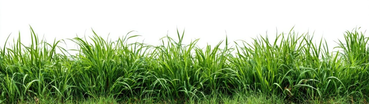 Lush green grass blades sway gently against a stark white background