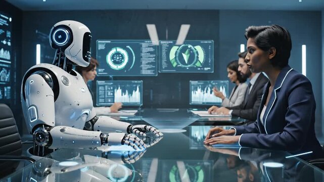 Artificial intelligence robot discussing urban development with business team