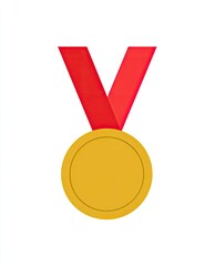 A simple gold medal with a red ribbon on a white background