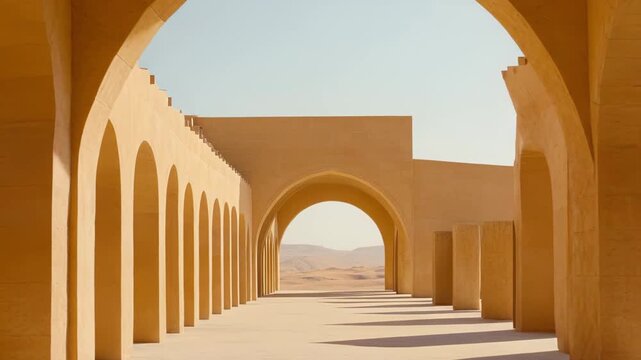 Desert architecture featuring warm sand colored arches and curved structures creating a long, repeating pattern of shadows along a minimalist hallway extending towards an open landscape