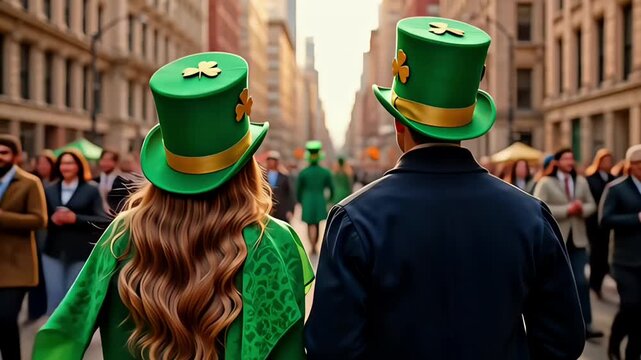 Saint Patrick Day parade crowd walking in city street with green hat celebration Irish culture festival lifestyle concept for holiday marketing video