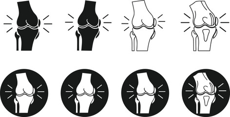 Knee joint pain icons set featuring human anatomy bone structure silhouettes and line art symbols for orthopedic healthcare arthritis treatment and medical rehabilitation © Maslima