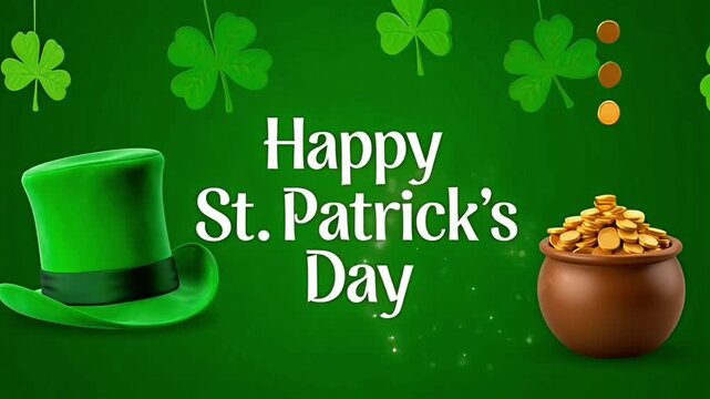 Festive green background with leprechaun hat pot gold and shamrock decor celebrating Irish tradition during Saint Patrick Day for holiday greeting video