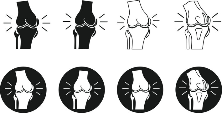 Knee joint pain icons set featuring human anatomy bone structure silhouettes and line art symbols for orthopedic healthcare arthritis treatment and medical rehabilitation