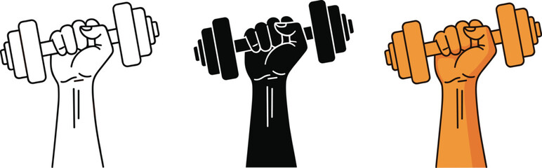 Minimalist fitness illustration set featuring raised fist holding dumbbell in black and white line art silhouette and flat orange color for gym branding © Maslima