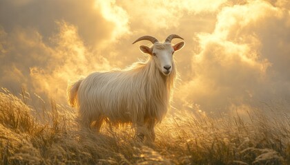 Obraz premium Majestic white goat standing on grassy hill at sunset with golden clouds enhancing the serene landscape around it