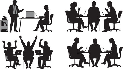 Fototapeta premium Various groups of business people silhouettes engaged in office work and collaboration on a white setting