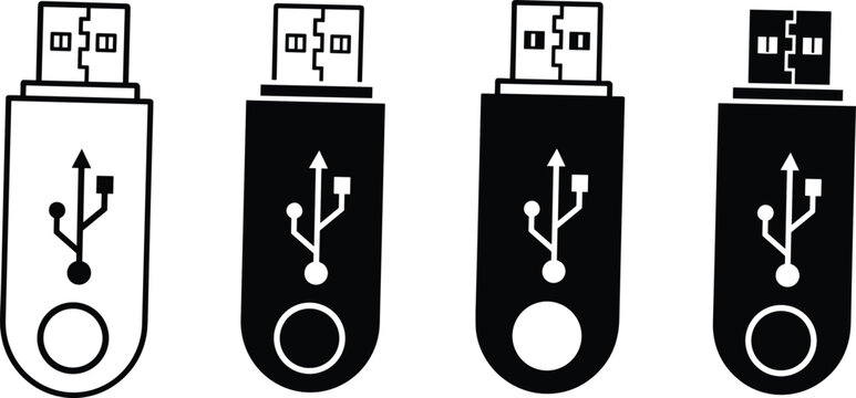 Set of four black and white USB flash drive icons featuring solid and outline styles for data storage technology memory and IT hardware connectivity