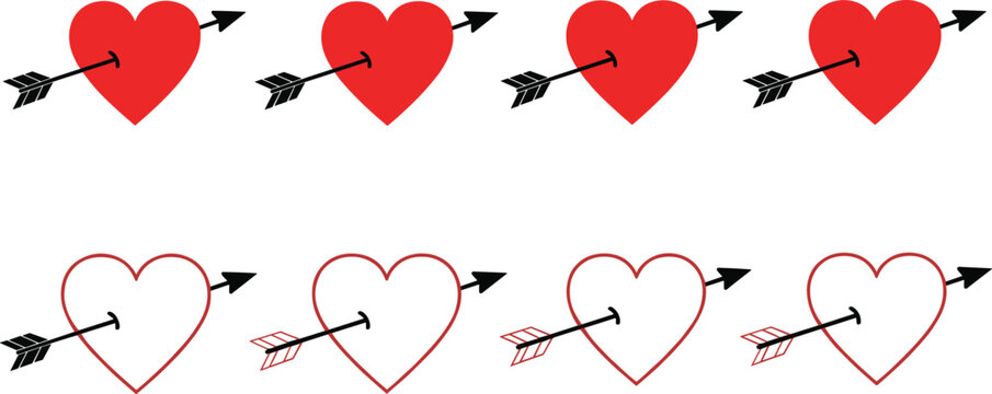 Set of romantic red heart icons with black arrows in a seamless row pattern for Valentines Day wedding invitations and romantic love concept graphics.