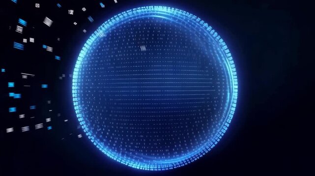Digital binary sphere composed of glowing data code particles rotating in deep space for a futuristic global communication banner.