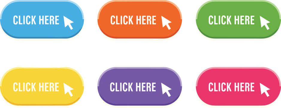 Set of six colorful glossy web buttons with click here text and cursor icons in blue orange green yellow purple and pink
