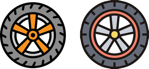 Set of car wheel and tire icons in colorful and outline style