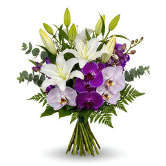 Beautiful bouquet of white lilies and purple orchids with green leaves  fresh floral arrangement