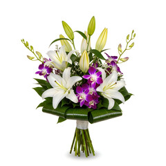 Beautiful bouquet of white lilies and purple orchids with green leaves wrapped stems