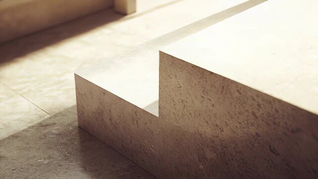 Stone steps with textured surfaces catching sunlight and casting sharp diagonal shadows, forming a minimalist architectural design with clean lines and a sense of progression