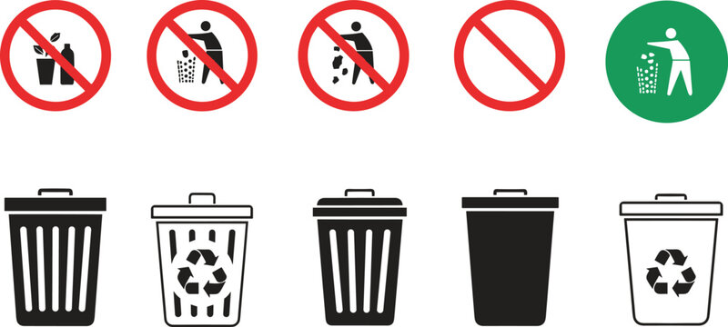 Waste management and recycling icon set featuring red prohibition signs for no littering and black and white trash bins for ecological disposal and environmental awareness