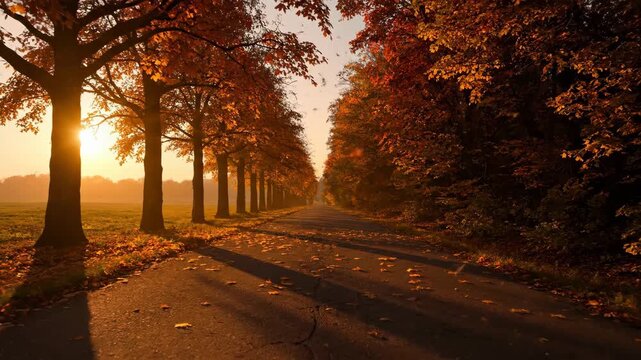 A picturesque tree-lined country road during a golden autumn sunrise. Serene rural landscape with long shadows, fallen leaves, and warm sunlight creating a peaceful atmosphere