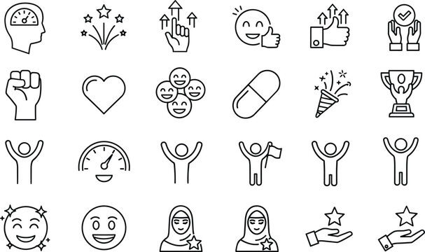 Black and white line art icon set featuring success achievement celebration awards and positive emotion symbols for business growth social media and website UI