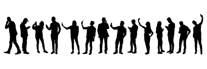 People Using Smartphones Silhouettes Vector Set. Collection of people silhouettes using smartphones in different poses. Men and women standing, texting, calling, scrolling and communicating. 