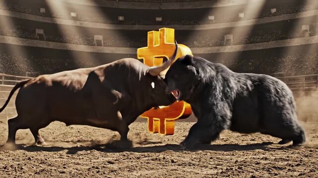 Bull and bear market fighting over bitcoin cryptocurrency