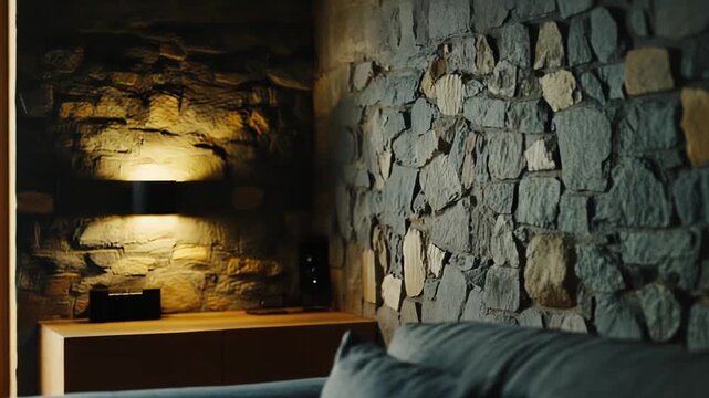 Modern living room interior featuring a comfortable sofa with throw pillows against a rustic stone wall, creating a warm, inviting atmosphere with ambient light