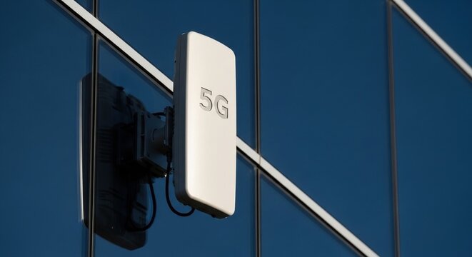5g antenna on a modern glass building reflecting clear blue sky for advanced communication