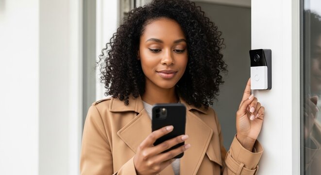 young woman using smartphone to access smart home doorbell technology during daytime