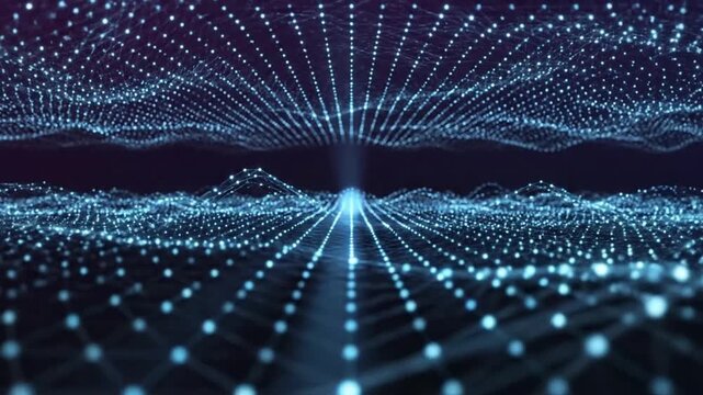 Light patterns fill the screen with a flowing visual of blue points and lines over a dark background during a digital landscape