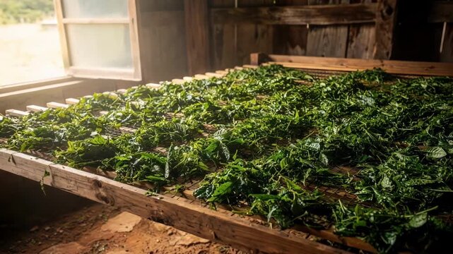Medium shot of fresh tea leaves spread evenly on wooden withering racks inside a rustic tea processing room with soft natural light.