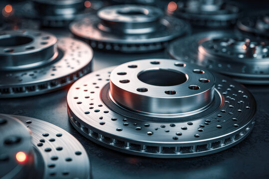 High-performance ventilated steel brake discs with drilled holes arranged on dark surface for vehicle safety and advanced automotive braking systems concept